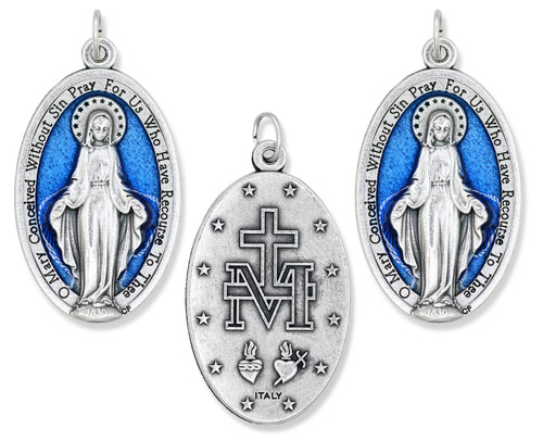 Caritas et Fides Bulk Pack of 3 - Large Blue Enamel Miraculous Medal Pendant -1 3/4" Silver Oxidized with Blue Enamel Accent Miraculous Medals for Jewelry Catholic, Made in Italy