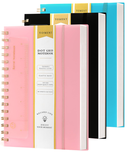 3 Pack Dot Grid Spiral Notebook A5 Spiral Bullet Dotted Journal 160 Pages Thick Dot Paper Notebooks Plastic Hardcover Spiral Notebook 5x7 Wire Bound Notebooks for Note Taking School Office Supplies