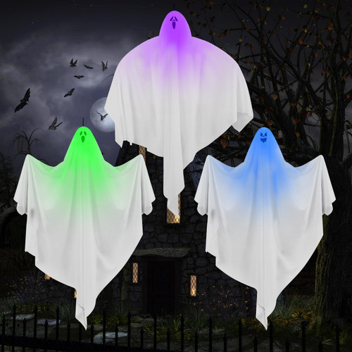 3 Pack Halloween Hanging Light up Ghost Decorations, RELBRO 35.4'' White Flying Ghost Scary Floating Glowing Ghost for Tree Patio Yard Lawn Porch Party Outdoor Indoor Halloween Decor