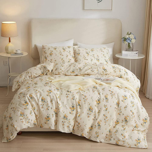 HighBuy 3 Pieces Duvet Cover Twin XL White Duvet Cover with Green Floral Print,Soft Cotton Comforter Cover Boho Style,Aesthetic Twin XL Bedding Set with Zipper Closure 4 Ties,All Season