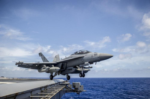 Laminated 36x24 inches Poster: Jet Aircraft Takeoff Aircraft Carrier Sea Ocean Sky Ea18G Growler Light Clouds Ship USA Navy Military Fighter Plane Airplane Dusk Flying Naval Aviation