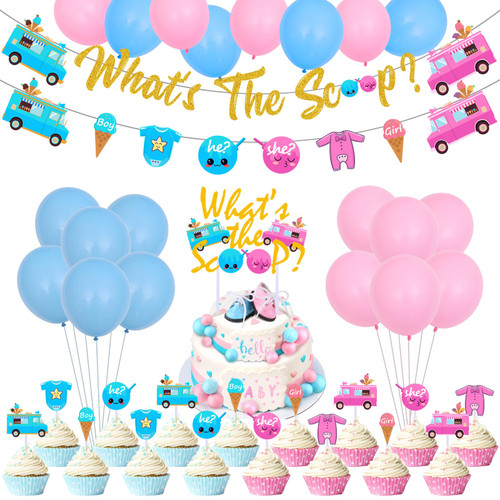 39Pcs Glitter Whats the Scoop Ice Cream Gender Reveal Decorations, He or She Gender Reveal Party Supplies Include What's the Scoop Banner Cake Topper Boy or Girl Cupcake Toppers Pink and Blue Balloons