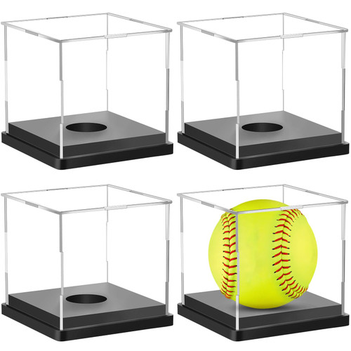 4 Pack Arcylic Softball Display Case Softball Holder Stand UV Protected Clear Championship Display Box Memorabilia Display & Storage Box Golf Ball Baseball Display Case