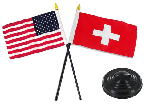 AES Switzerland & USA Flag 4"x6" Desk Set Table Stick Black Base