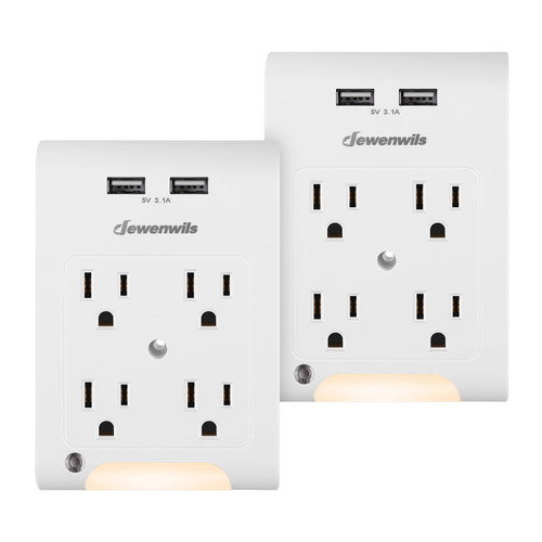 DEWENWILS Multi Plug Outlet 2 Pack, 4-Outlet Extender with 2 USB Ports, Light Sensor Night Light, 1080 Joules Surge Protector, ETL Listed