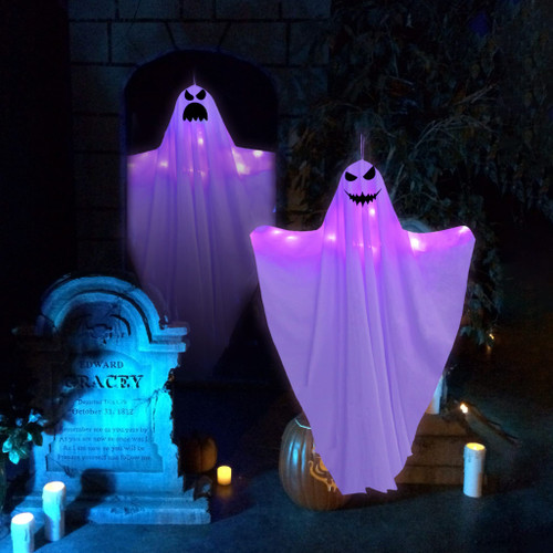 50 Inch Ghost Halloween Decorations Outdoor-2 Pack LED Light Up White Ghost Hanging Decorations for Halloween Indoor Outdoor Tree Yard Porch Glow in The Dark Flying Ghost Decor Supplies