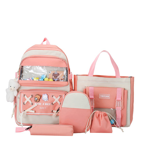 DUOBAOYU 5PCS Kawaii Backpack Set with Cute Pendants and Pins Accessories Aesthetic Rucksack for Teen Girls 17in Cute School Bags Bookbag with Shoulder Bag,Pencil Box,Tote Bag,Small Bag,Pink