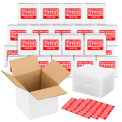 25-Pack 5x5x5 Shipping Boxes for Small Business, Small Corrugated Cardboard Boxes, Mailing Boxes with Bubble Bags & FRAGILE Stickers for Mailing and Packing Small Items Gifts Mug Candle Boxes - White