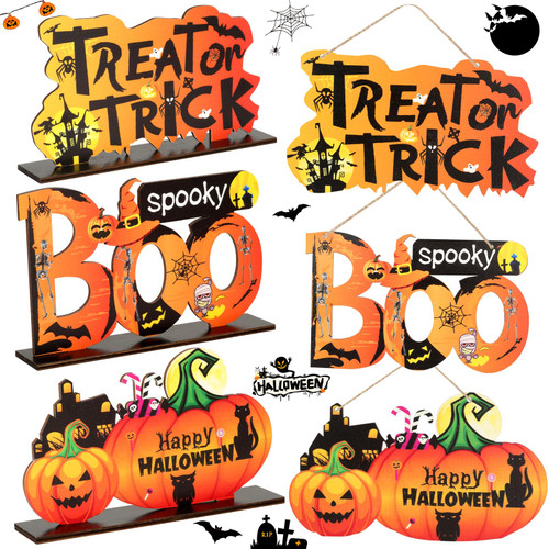 6 Halloween Sign Decorations, Halloween Table Centerpiece Decorations+ Door Hanging Wooden Signs: Trick or Treat Sign Boo Spooky Decor Happy Halloween Pumpkin for Home Party Indoor Outdoor Decoration