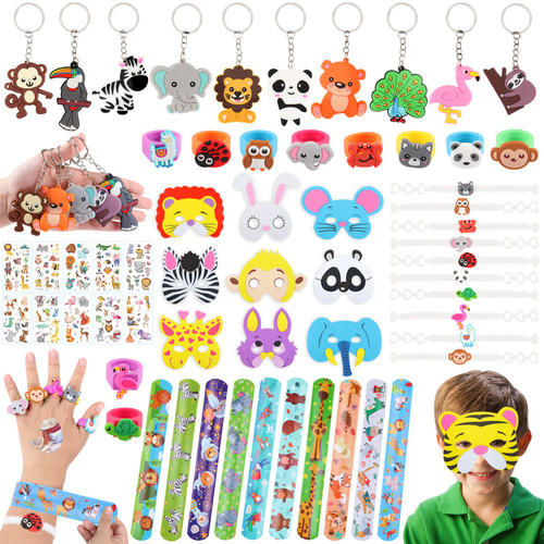 60 PCs Safari Party Favors Animal Mask Slap Bracelets Keychains Rings Bracelets Tattoos Jungle Theme Party Supplies Goodie Bag Stuffers Safari Animals Birthday Party Favors for Kids Boys