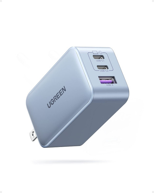 UGREEN 65W USB C Charger, Nexode 3 Ports GaN Fast Charger Block, Compact Foldable Charger for MacBook Pro/Air, Dell XPS, iPhone 15 Pro Max/14/13, iPad Pro, Galaxy S23, Pixel 7 (Glacier Blue)