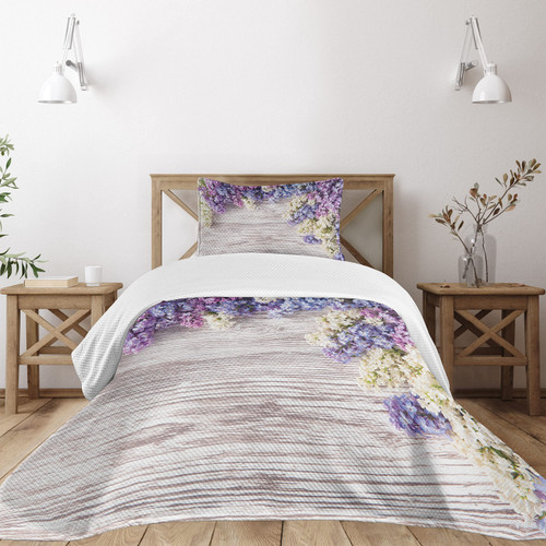 Ambesonne Rustic Bedspread, Lilac Flowers Bouquet on Wood Table Spring Nature Romance Love Theme, Decorative Quilted 2 Piece Coverlet Set with Pillow Sham, Twin Size, Lilac Violet