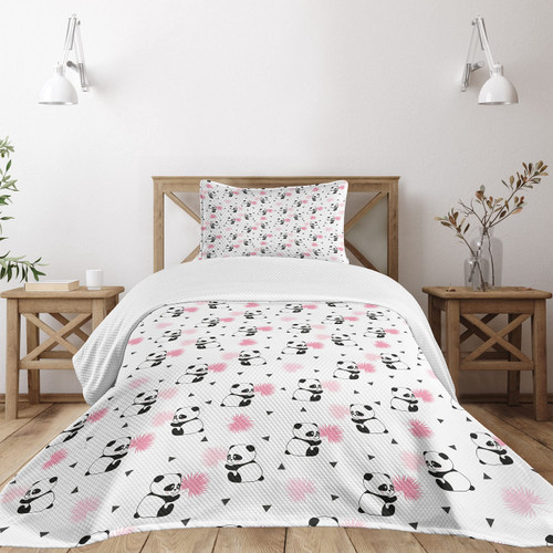 Lunarable Panda Bedspread, Childrens Cartoon Style Bear Drawings Pinkish Foliage Leaves Chinese, Decorative Quilted 2 Piece Coverlet Set with Pillow Sham, Twin Size, Pink Black