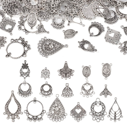 Pandahall 96Pcs Tibetan Alloy Chandelier Charms Earrings Connector Links 16 Style Teardrop Fan Rhombus Antique Silver Pendants for Dangle Jewelry Making