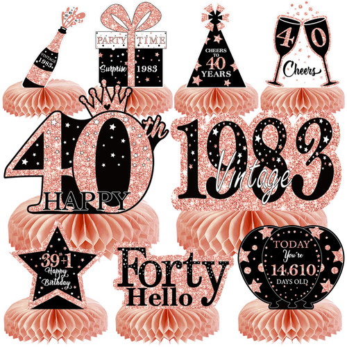 9Pcs 40th Birthday Decorations Honeycomb Centerpieces for Women, Rose Gold Pink Happy 40th Birthday Centerpieces Tables Toppers Party Decorations Supplies, Vintage 1983 Aged Birthday Table Sign Decor
