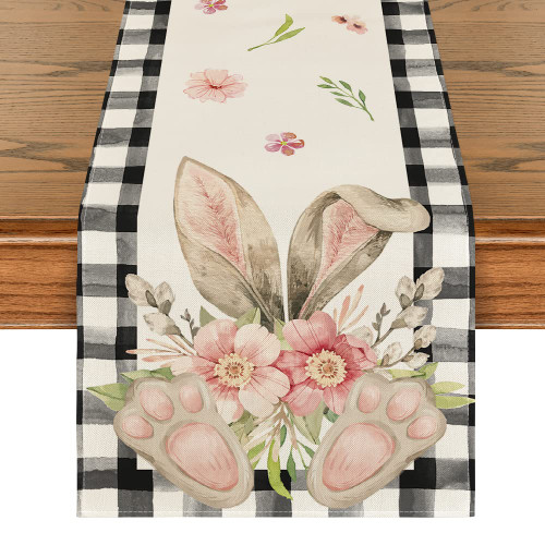 Artoid Mode Buffalo Plaid Bunny Ear Foot Flower Easter Table Runner, Seasonal Spring Kitchen Dining Table Decoration for Home Party Decor 13x72 Inch Artoid Mode Buffalo Plaid Bunny Ear Foot Flower Easter Table Runner, Seasonal Spring Kitchen Dining Table Decoration for Home Party Decor 13x72 Inch