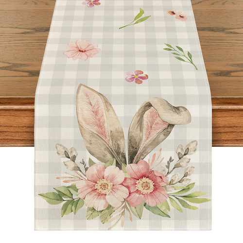 Artoid Mode Buffalo Plaid Bunny Rabbit Ears Flower Easter Table Runner, Spring Summer Seasonal Holiday Kitchen Dining Table Decoration for Indoor Outdoor Home Party Decor 13 x 72 Inch