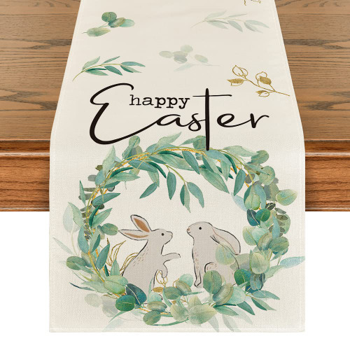 Artoid Mode Garland Eucalyptus Bunny Rabbit Happy Easter Table Runner, Seasonal Spring Kitchen Dining Table Decoration for Home Party Decor 13x72 Inch Artoid Mode Garland Eucalyptus Bunny Rabbit Happy Easter Table Runner, Seasonal Spring Kitchen Dining Table Decoration for Home Party Decor 13x72 Inch