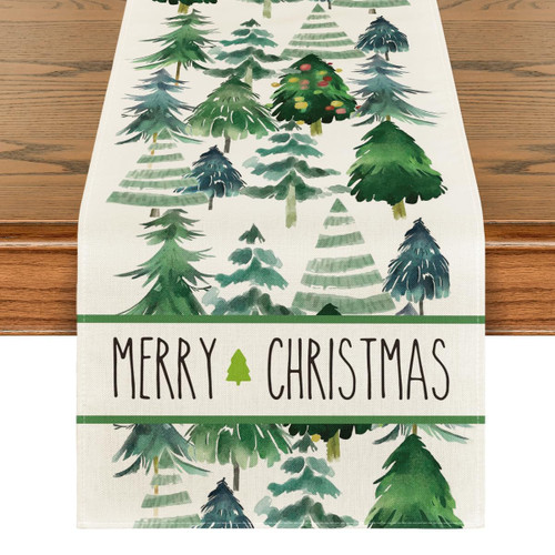 Artoid Mode Watercolor Green Trees Merry Christmas Table Runner, Seasonal Winter Xmas Holiday Kitchen Dining Table Decoration for Indoor Outdoor Home Party Decor 13 x 60 Inch Artoid Mode Watercolor Green Trees Merry Christmas Table Runner, Seasonal Winter Xmas Holiday Kitchen Dining Table Decoration for Indoor Outdoor Home Party Decor 13 x 60 Inch