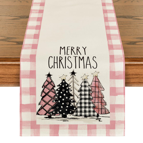 Artoid Mode Watercolor Pink Buffalo Plaid Christmas Trees Merry Xmas Table Runner, Seasonal Winter Holiday Kitchen Dining Table Decoration for Indoor Outdoor Home Party Decor 13 x 72 Inch Artoid Mode Watercolor Pink Buffalo Plaid Christmas Trees Merry Xmas Table Runner, Seasonal Winter Holiday Kitchen Dining Table Decoration for Indoor Outdoor Home Party Decor 13 x 72 Inch