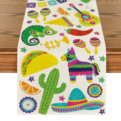 Artoid Mode Cactus Taco Donkey Pinata Guitar Cinco De Mayo Table Runner, Mexican Kitchen Dining Table Decoration for Home Party Decor 13x72 Inch Artoid Mode Cactus Taco Donkey Pinata Guitar Cinco De Mayo Table Runner, Mexican Kitchen Dining Table Decoration for Home Party Decor 13x72 Inch