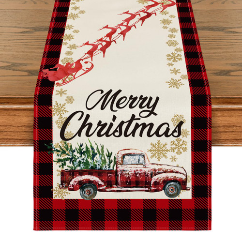 Artoid Mode Red and Black Buffalo Plaid Truck Merry Christmas Table Runner, Seasonal Winter Xmas Holiday Kitchen Dining Table Decoration for Indoor Outdoor Home Party Decor 13 x 90 Inch Artoid Mode Red and Black Buffalo Plaid Truck Merry Christmas Table Runner, Seasonal Winter Xmas Holiday Kitchen Dining Table Decoration for Indoor Outdoor Home Party Decor 13 x 90 Inch