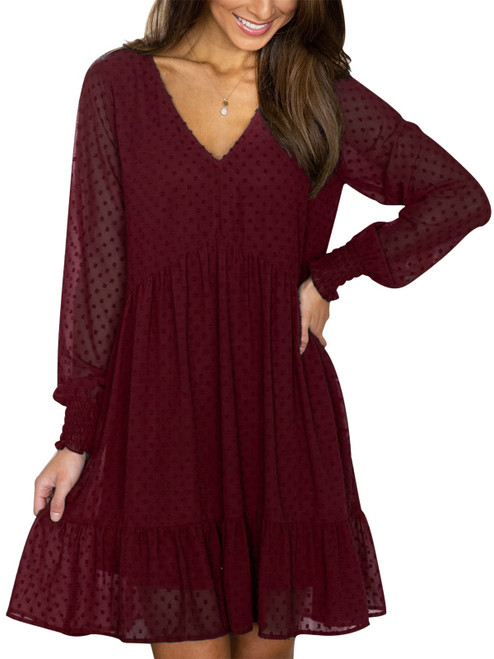 FAMITION Long Sleeve Dresses for Women: Swiss Dot Flowy V Neck Wine Red Sheer Sleeves Shift Dress Casual Ruffle Short Swing Chiffon Mini Dresses Size S FAMITION Long Sleeve Dresses for Women: Swiss Dot Flowy V Neck Wine Red Sheer Sleeves Shift Dress Casual Ruffle Short Swing Chiffon Mini Dresses Size S