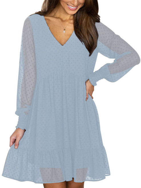 FAMITION Long Sleeve Dresses for Women: Swiss Dot V Neck Sheer Sleeves Shift Light Blue Dress Flowy Casual Ruffle Short Swing Chiffon Petite Dresses Size M FAMITION Long Sleeve Dresses for Women: Swiss Dot V Neck Sheer Sleeves Shift Light Blue Dress Flowy Casual Ruffle Short Swing Chiffon Petite Dresses Size M