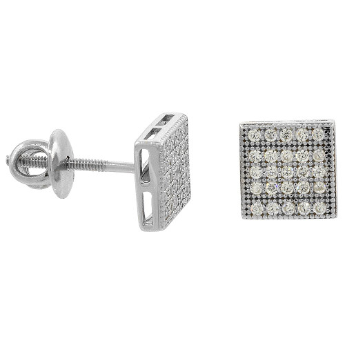 Sterling Silver Micro Pave Cubic Zirconia Square Screw back Post Earrings Rhodium Finish