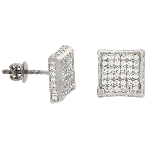 Sterling Silver Micro Pave Cubic Zirconia Large 2-D Square Screw back Post Earrings Rhodium Finish