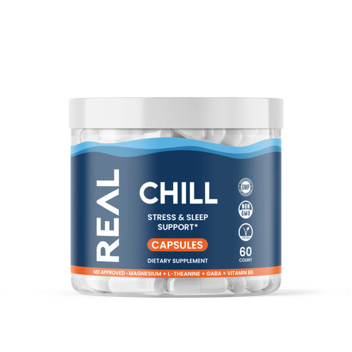 Real Vitamins Chill - Stress Relief & Mood Support Supplement with GABA, L-theanine, Magnesium Glycinate, & B6 for Nervousness, Sleep, Calming Vitamins & Relaxation (60 ct)