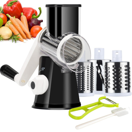 Ourokhome Rotary Cheese Grater Shredder, Round Mandolin Slicer with Handle and 3 Drum Blades, Kitchen Manual Vegetable Slicer Nuts Grinder with Cleaning Brush and Peeler, Black Ourokhome Rotary Cheese Grater Shredder, Round Mandolin Slicer with Handle and 3 Drum Blades, Kitchen Manual Vegetable Slicer Nuts Grinder with Cleaning Brush and Peeler, Black