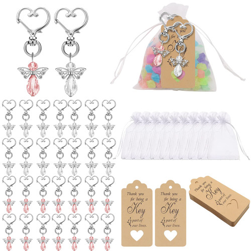 Abnaok Set of 30 Angel Keychain with Organza Gift Bags and Thank You Favor Tags Guest Return Gifts for Girls Baby Shower Baptism Favors, Wedding Bridal Birthday Party Favors
