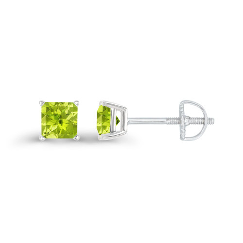 925 Sterling Silver 4mm Square Princess Cut Natural Green Peridot August Birthstone Screwback Stud Earrings