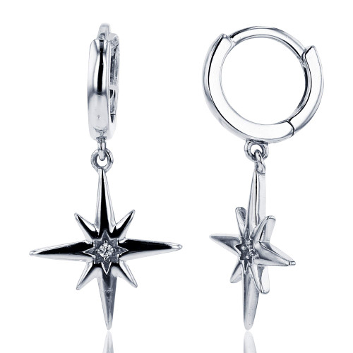 Sterling Silver Rhodium Single Round Cubic Zirconia Star Dangling on Huggie Earrings