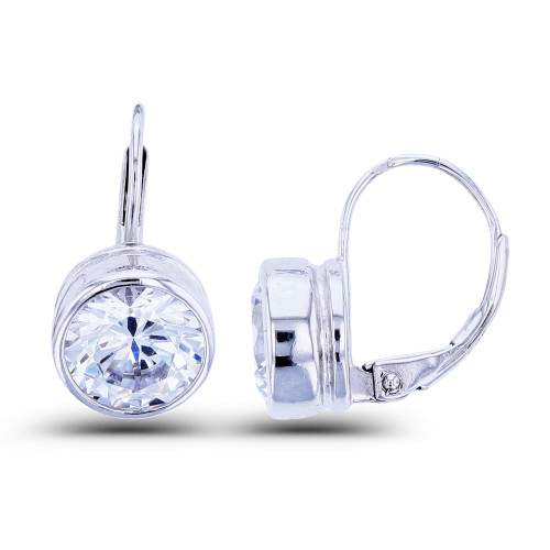 Sterling Silver Rhodium 8mm Round Cubic Zirconia Bezel on Lever Backs Earrings