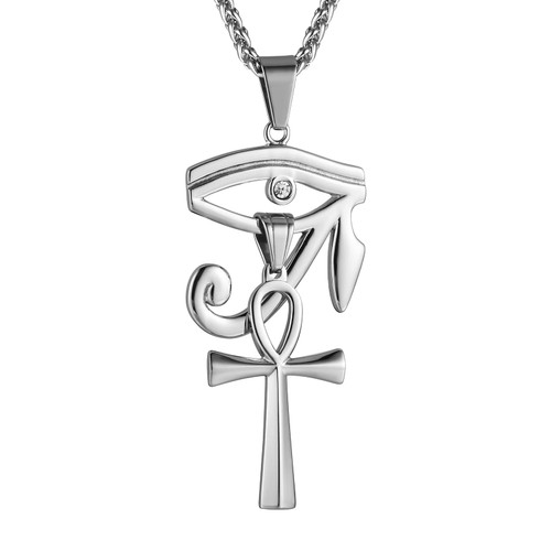 HZMAN Gold Stainless Steel Eye of Horus Egypt And Coptic Ankh Cross Religious Pendant Necklace 24" Figaro Chain (Silver) HZMAN Gold Stainless Steel Eye of Horus Egypt And Coptic Ankh Cross Religious Pendant Necklace 24" Figaro Chain (Silver)
