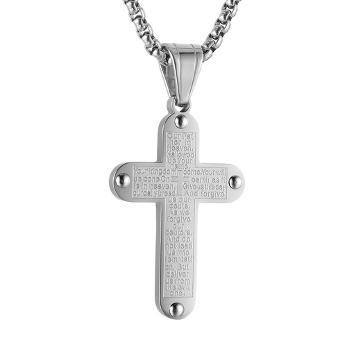 HZMAN Stainless Steel Lord's Prayer Cross Pendant Necklace for Men Women Religious Bible Verse Cross Necklace Christian Faith Necklaces (Silver)