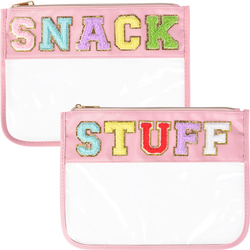 Chenille Snack Bags Letter Clear Snacks Pouch, 2 Pcs Preppy Stuff Bag for Travel, Waterproof Makeup Cosmetic Bag Monogram Nylon and PVC Flat Stadium Purse with Zipper for Women/Girl (Pink-Snack+Stuff)