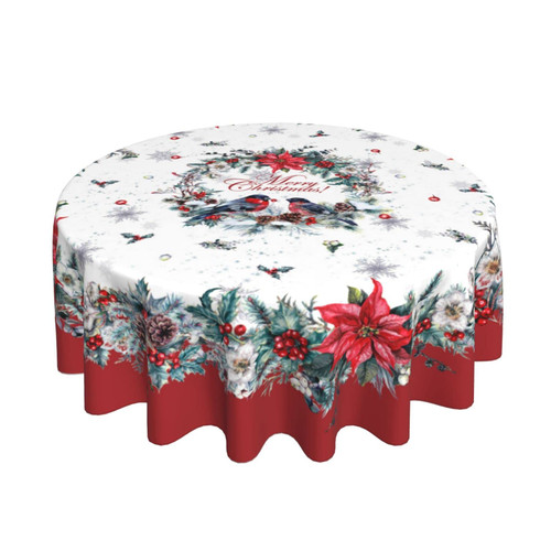 Red White Christmas Tablecloth Round 60 Inch Xmas Poinsettia Cardinal Snowflake Washable Wrinkle Stain-Resistant Polyester Table Cloth Indoor Winter Decorations for Home Kitchen Dinning Party Holiday Red White Christmas Tablecloth Round 60 Inch Xmas Poinsettia Cardinal Snowflake Washable Wrinkle Stain-Resistant Polyester Table Cloth Indoor Winter Decorations for Home Kitchen Dinning Party Holiday