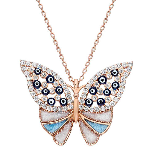 Absent Design Sterling Silver Butterfly Necklaces for Women | Evil Eye Pendant Necklace | Turquoise Aesthetic Jewelry | Butterfly Gifts for Teen Girls-Rose Gold Necklace (Blue Butterfly Evil Eye)