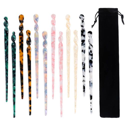 Acetate Hair Sticks, 12PCS 6 Styles Tortoise Shell Hair Pins Vintage Hair Chopstick Long Chinese Hairpins Hair Sticks Acetate Hair Accessories for Styling Hairstyle for Women Girls Bun