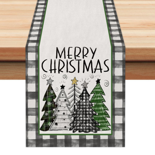 ARKENY Merry Christmas Table Runner 13x72 Inches,Green Xmas Tree Winter Seasonal Burlap Watercolor Buffalo Plaid Farmhouse Indoor Outdoor Table Holiday Decoration for Home Party