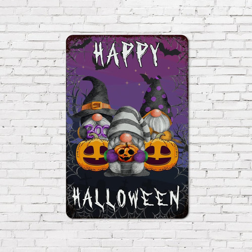 Rustic Chic Style 8x12in Halloween Tin Sign Gnome Pumpkin Happy Halloween Sign Wall Art Hanging Decor Uv Printed Aluminum Metal Tin Sign for Farmhouse Garden Yard Porch Nursery Halloween Decorations