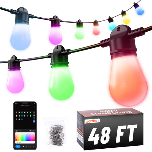 addlon 48FT RGBW Smart Outdoor String Lights with APP Control, Customize Color Patio Lights with 15 Dimmable LED Bulbs Waterproof Shatterproof for Patio, Porch addlon 48FT RGBW Smart Outdoor String Lights with APP Control, Customize Color Patio Lights with 15 Dimmable LED Bulbs Waterproof Shatterproof for Patio, Porch