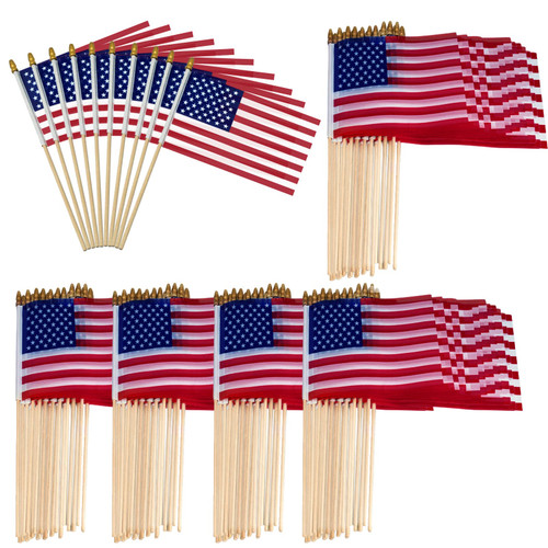 110 Pcs Small American Flags on Stick - 5 x 8 Inches Mini American Flags with Safety Spear Tip - Bulk Solid Wooden Pole Handheld US Flag for Parades Independence Day Memorial Day 4th of July Decorations