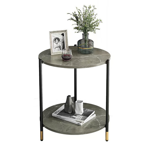 Nesawaki Round Side Table Grey Marble Nightstand 2-Tier Coffee End Table for Living Room,Bedroom,Small Spaces,Easy Assembly,Modern Bedside Sofa Side Table with Gold Steel Frame