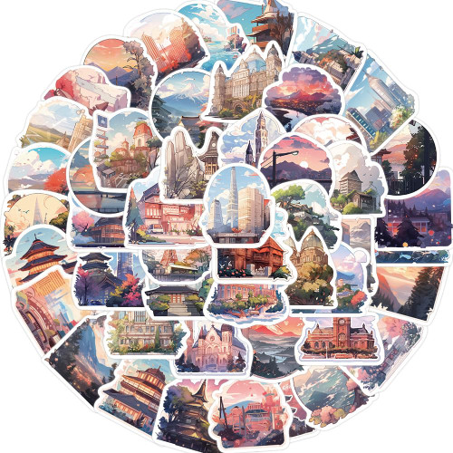 50pcs Travel Sticker, Travel Around The World Decal Gifts, Cool Travel Map Waterproof Vinyl Stickers for Teen Water Bottle Laptop Bike Skateboard Phone Luggage Guitar Computer Notebook (World Scenery)