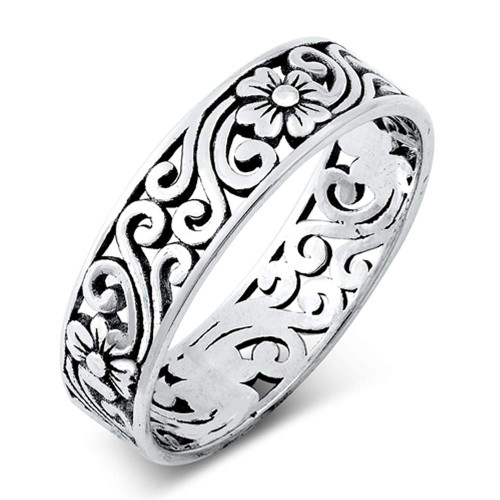 Ornate Filigree Swirl Wildflower Ring .925 Sterling Silver Band Size 11