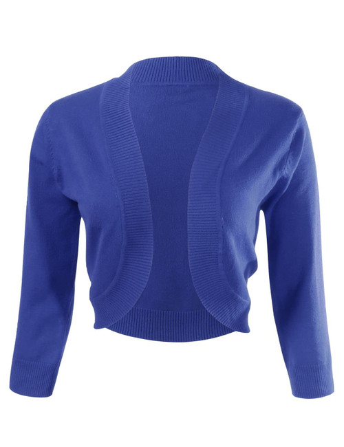 Allsense Women's 3/4 Sleeve Cropped Open Front Bolero Shrug Cardigan Sweater Jacket XL Royal Blue